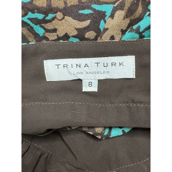 Trina Turk Halter Top Size 8 Cotton Side Zip Brown Teal Floral - Picture 9 of 10